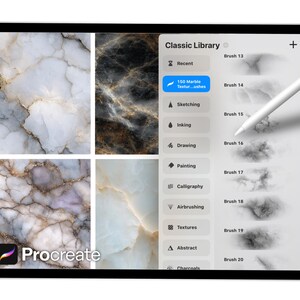 May include: A digital tablet displaying the Procreate app interface. The screen shows marble textures and a brush library. A white stylus hovers over the screen. The app's logo is visible in the lower left corner.