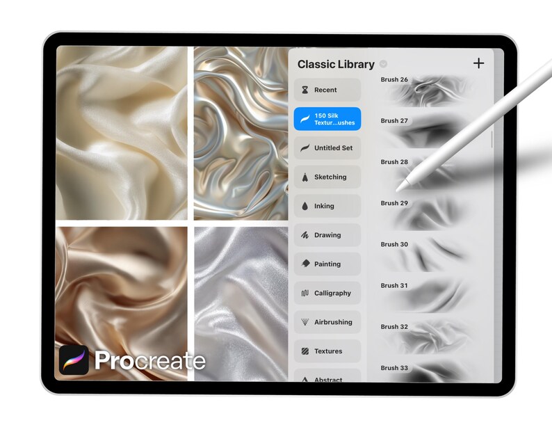 Puede incluir: Interfaz de aplicaci&oacute;n de arte digital en una tableta, que muestra pinceles de textura de seda y un l&aacute;piz &oacute;ptico. La pantalla muestra una "Biblioteca Cl&aacute;sica" con opciones como "150 Silk Texturushes" y categor&iacute;as de pinceles. El logotipo "Procreate" es visible.