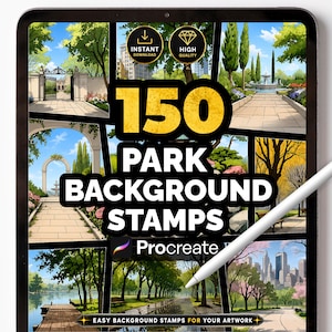 May include: A digital tablet displays a collection of park background stamps for Procreate. The image features a grid of park scenes, with text reading "150 PARK BACKGROUND STAMPS". The tablet also shows "INSTANT DOWNLOAD" and "HIGH QUALITY" icons.