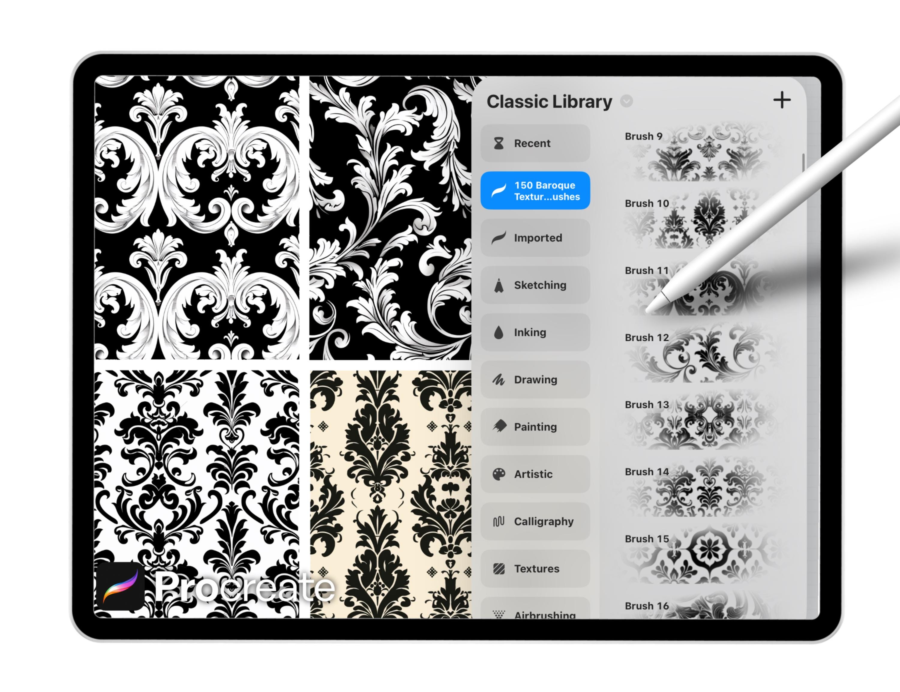150 Baroque Texture Brushes for Procreate – Ornamental Damask, Vintage ...