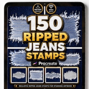 Ripped paper stamps for Procreate app, featuring a collection of 150 digital texture assets displayed on an iPad screen. The preview showcases high-resolution torn edges including ripped cardboard, torn notebook sheets, shredded paper borders, and realistic fiber textures for digital scrapbooking and collage design.