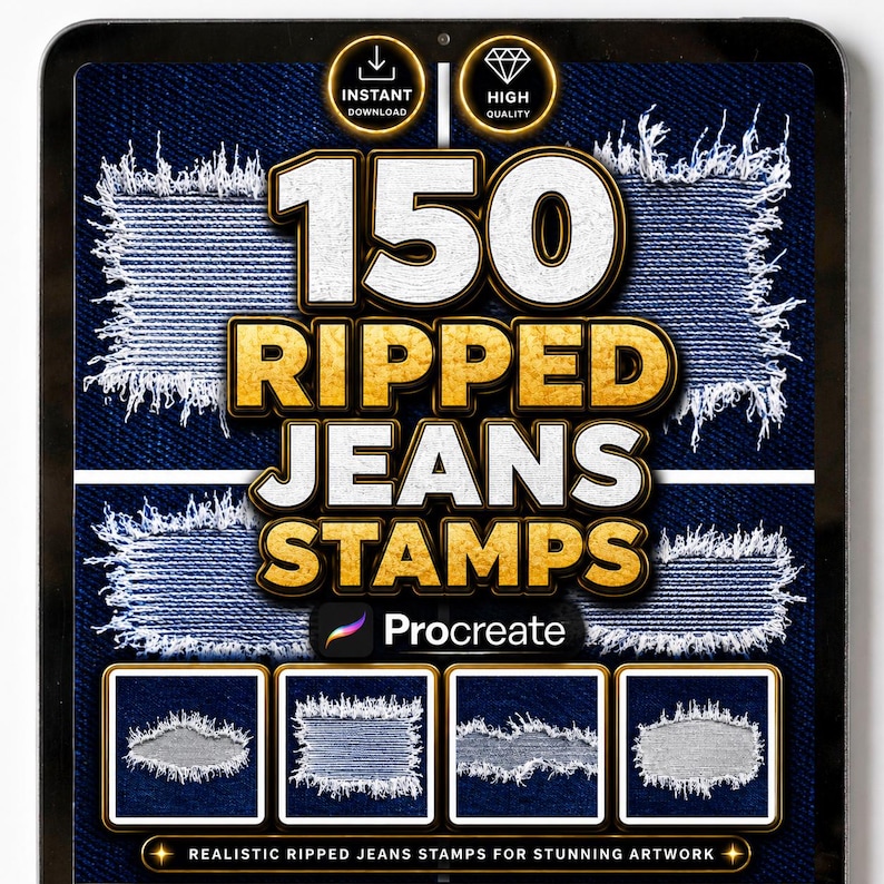 Ripped paper stamps for Procreate app, featuring a collection of 150 digital texture assets displayed on an iPad screen. The preview showcases high-resolution torn edges including ripped cardboard, torn notebook sheets, shredded paper borders, and realistic fiber textures for digital scrapbooking and collage design.