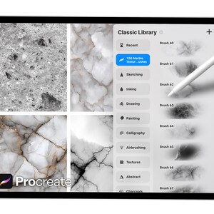 May include: A digital tablet displaying the Procreate app interface. The screen shows marble textures and a brush library. A stylus hovers over the screen. The app's logo is visible in the bottom left corner.