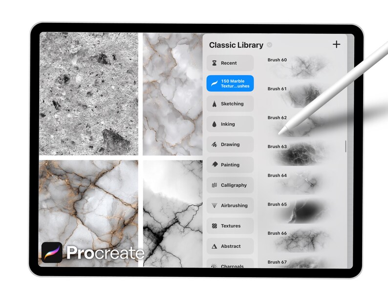 May include: A digital tablet displaying the Procreate app interface. The screen shows marble textures and a brush library. A stylus hovers over the screen. The app's logo is visible in the bottom left corner.
