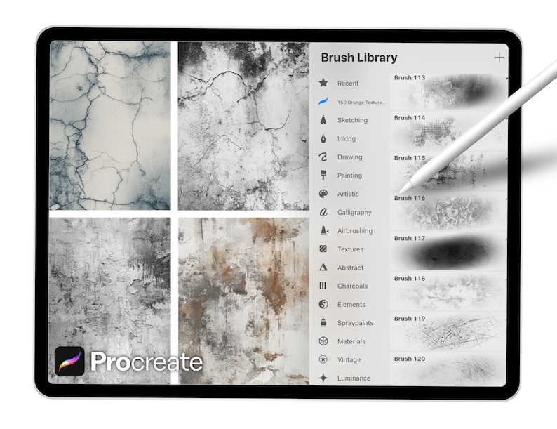 Pu&ograve; includere: Un tablet digitale che mostra l'interfaccia dell'app Procreate. Lo schermo mostra una libreria di pennelli e campioni di texture. Una penna bianca &egrave; sopra lo schermo. Il logo Procreate &egrave; visibile in basso a sinistra.
