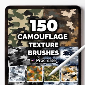 Könnte beinhalten: Ein digitales Tablet zeigt verschiedene Tarnmuster. Auf dem Bildschirm steht "150 CAMOUFLAGE TEXTURE BRUSHES" mit dem Procreate-Logo. Ein weißer Stift liegt auf dem Bildschirm und zeigt auf die Tarnmuster.