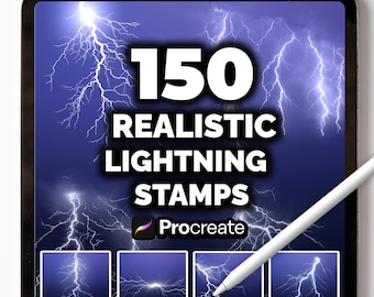150 sellos de rayos realistas para Procreate: set de pinceles con truenos, electricidad y energía para arte digital.