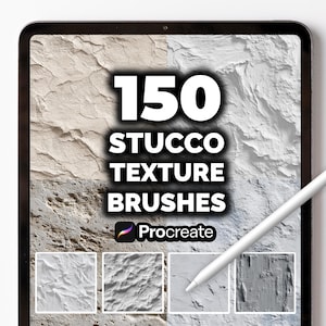 以下が含まれることがあります： デジタルタブレットに「150 STUCCO TEXTURE BRUSHES」の文字が白と黒で表示されています。背景には、グレーとベージュの色合いのスタッコテクスチャが表示されています。白いスタイラスが画面上にあり、Procreateのロゴが見えます。