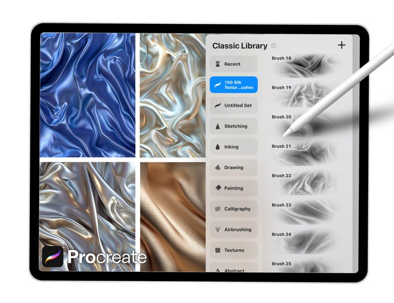 Puede incluir: Interfaz de aplicaci&oacute;n de arte digital en una tableta, mostrando pinceles de texturas de seda. La pantalla muestra una "Biblioteca Cl&aacute;sica" con opciones para bocetos, entintado, dibujo y pintura. El logotipo de la aplicaci&oacute;n "Procreate" es visible. Un l&aacute;piz &oacute;ptico est&aacute; presente.