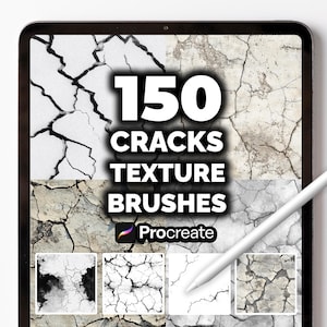 Könnte beinhalten: Ein Tablet-Bildschirm, der ein digitales Kunstprodukt zeigt. Der Bildschirm zeigt den Text "150 CRACKS TEXTURE BRUSHES" mit einem Procreate-Logo. Der Hintergrund zeigt verschiedene Rissstrukturen, und ein Stift ist sichtbar.