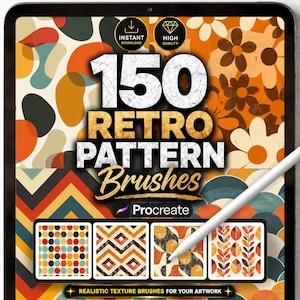 Könnte beinhalten: Ein digitaler Tablet-Bildschirm mit 150 Retro Pattern Brushes für Procreate. Der Bildschirm zeigt verschiedene farbenfrohe Muster, darunter abstrakte Formen, Blumen, Zickzacklinien, Punkte und Blätter in Orange-, Creme- und dunklen Tönen.