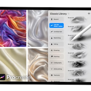 Puede incluir: Una tableta digital muestra la interfaz de la aplicaci&oacute;n Procreate con un l&aacute;piz &oacute;ptico. La pantalla muestra muestras de texturas de seda y una biblioteca de pinceles. El logotipo de la aplicaci&oacute;n es visible en la esquina inferior izquierda. El l&aacute;piz &oacute;ptico es blanco.