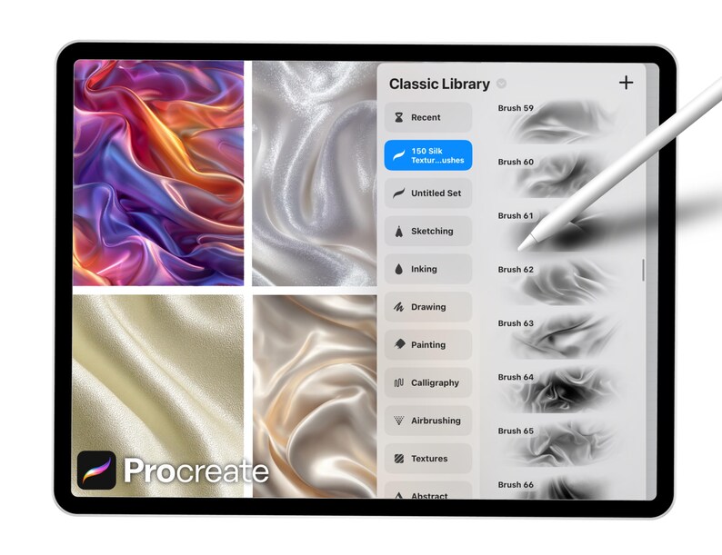 Puede incluir: Una tableta digital muestra la interfaz de la aplicaci&oacute;n Procreate con un l&aacute;piz &oacute;ptico. La pantalla muestra muestras de texturas de seda y una biblioteca de pinceles. El logotipo de la aplicaci&oacute;n es visible en la esquina inferior izquierda. El l&aacute;piz &oacute;ptico es blanco.