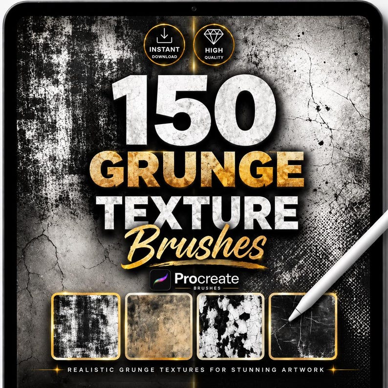 150 Realistic grunge material stamps for Procreate shown in a professional, high-contrast black and gold layout with an Apple Pencil. Features a wide range of styles from subtle film grain to complex, heavy-duty distressed overlays and high-relief weathered textures. Designed for professional concept artists looking for high-fidelity 3D-effect grime.