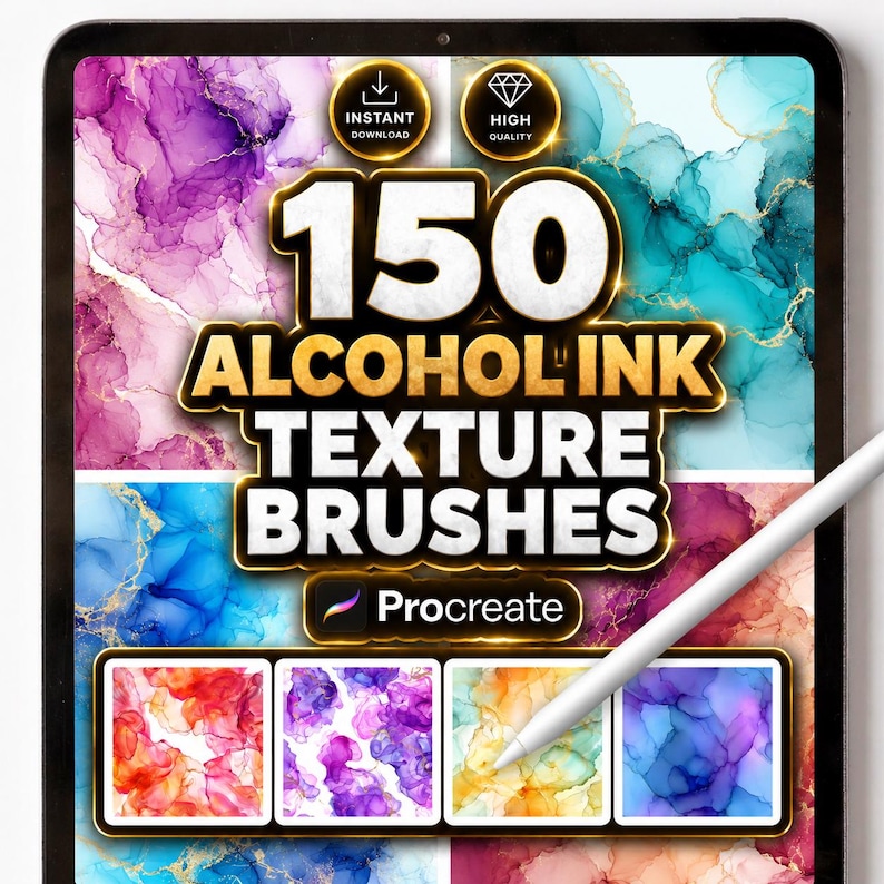 Alcohol and liquid texture brushes for Procreate app, featuring a collection of 150 digital assets displayed on an iPad screen. The preview showcases high-resolution fluid textures including splashing wine, realistic beer foam, swirling spirits, and translucent liquid drips for digital art and beverage illustration.