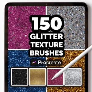 Puede incluir: Una tableta digital muestra "150 Glitter Texture Brushes" y el logo de Procreate. La imagen presenta texturas de purpurina en rosa, plata, azul, negro, dorado y burdeos. Un lápiz óptico blanco se encuentra en la pantalla, resaltando las herramientas de arte digital.