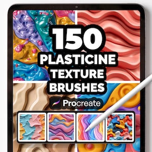 May include: A digital tablet displays a colorful graphic with the text "150 Plasticine Texture Brushes" and the Procreate logo. The image features various textured patterns in vibrant colors, with a stylus resting on the screen.