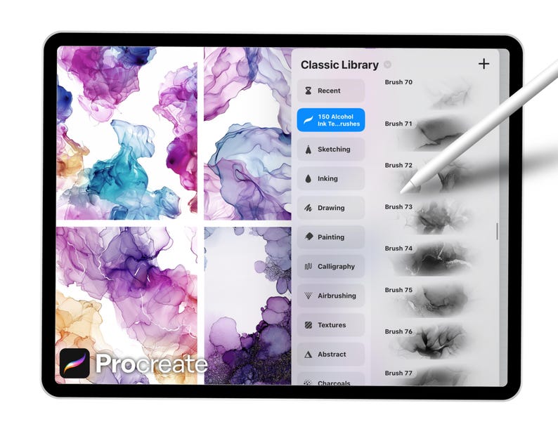 150 textuurborstels alcoholinkt voor Procreate – vloeibare inkt, aquarel en abstracte achtergrondstempels afbeelding 2