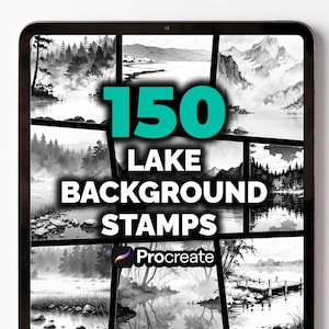 Puede incluir: Una tableta digital muestra 150 sellos de fondo de lago para Procreate. La imagen presenta una cuadrícula de ilustraciones de paisajes en escala de grises, incluyendo montañas, bosques y cuerpos de agua. El texto "150 LAKE BACKGROUND STAMPS" se muestra en blanco y turquesa.
