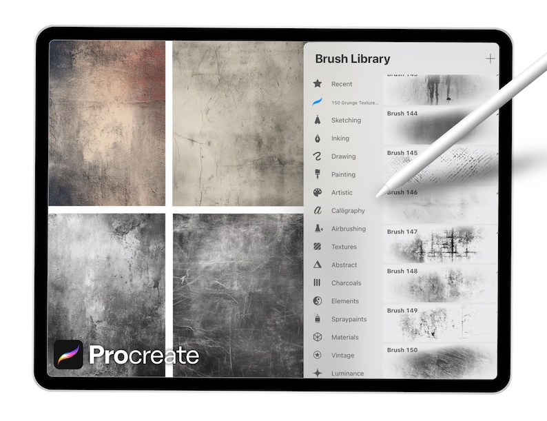 Pu&ograve; includere: Un tablet digitale che mostra l'app Procreate con una penna. Lo schermo mostra una libreria di pennelli e texture grunge. Il logo Procreate &egrave; visibile in basso a sinistra.