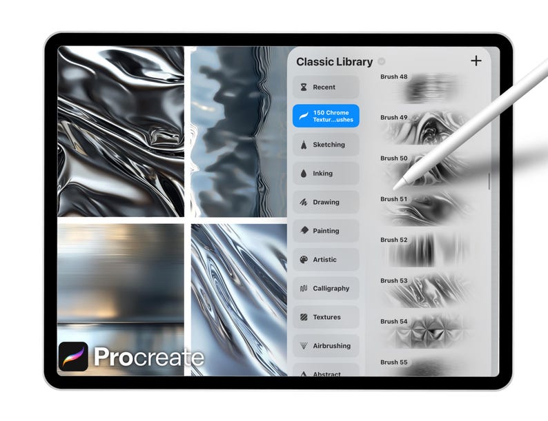 150 Chrome Texture Brushes for Procreate – Metallic, Reflective, Steel ...