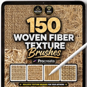 Może przedstawiać: Ekran tabletu cyfrowego z kolekcją 150 pędzli o teksturze tkanych włókien dla Procreate. Grafika zawiera napis 150 WOVEN FIBER TEXTURE Brushes oraz cztery kwadratowe próbki przedstawiające jutę, słomę i wzory plecionek.