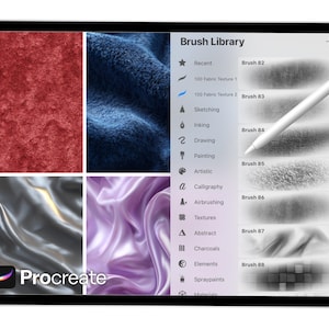 May include: A tablet screen showing the Procreate app, with a brush library and fabric texture samples. A white stylus is positioned above the screen. The app's interface includes options for sketching, inking, and painting. The Procreate logo is visible.