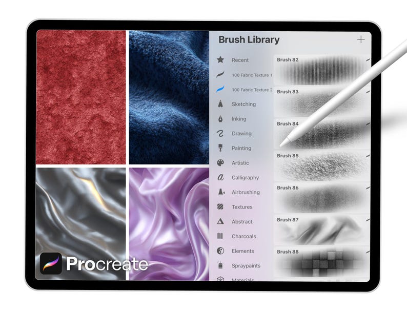 May include: A tablet screen showing the Procreate app, with a brush library and fabric texture samples. A white stylus is positioned above the screen. The app's interface includes options for sketching, inking, and painting. The Procreate logo is visible.