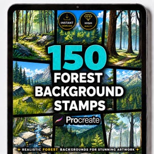 Puede incluir: Una tableta digital muestra una colección de sellos de fondo de bosque. La imagen presenta el texto "150 FOREST BACKGROUND STAMPS" en letras turquesas grandes. El texto adicional incluye "INSTANT DOWNLOAD", "HIGH QUALITY", "Procreate" y "REALISTIC FOREST BACKGROUNDS FOR STUNNING ARTWORK".
