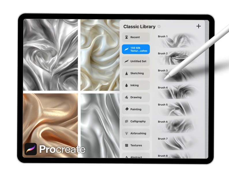 Puede incluir: Una tableta digital muestra la interfaz de la aplicaci&oacute;n Procreate. La pantalla muestra muestras de texturas de seda en plata, crema y oro. La Biblioteca Cl&aacute;sica de la aplicaci&oacute;n est&aacute; abierta, con opciones de pinceles y el texto "150 Silk Texturushes."
