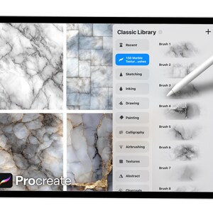 May include: A digital tablet displaying the Procreate app interface. The screen shows marble textures and a brush library. A white stylus hovers over the screen. The app's logo is visible in the bottom left corner.