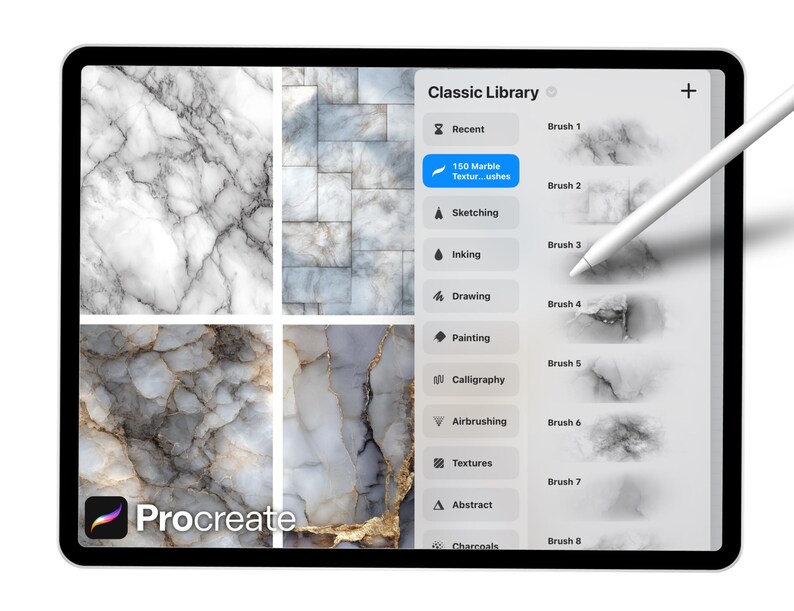 May include: A digital tablet displaying the Procreate app interface. The screen shows marble textures and a brush library. A white stylus hovers over the screen. The app's logo is visible in the bottom left corner.