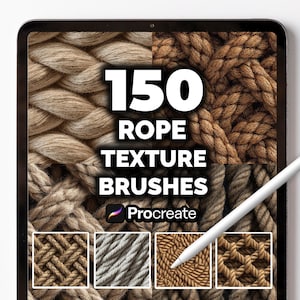 May include: A tablet screen displaying a digital art product. The image shows the text "150 ROPE TEXTURE BRUSHES" with a Procreate logo. The background features various rope textures in shades of brown and beige, with a white stylus.