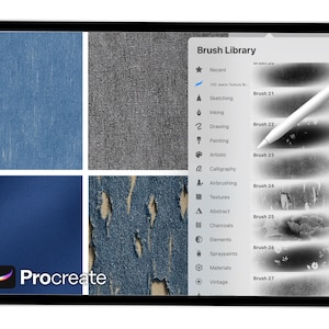 May include: A digital art tablet displays a Procreate interface with a stylus. The screen shows denim textures and a brush library. The app logo is visible. The brush library includes options for sketching, inking, painting, and textures.