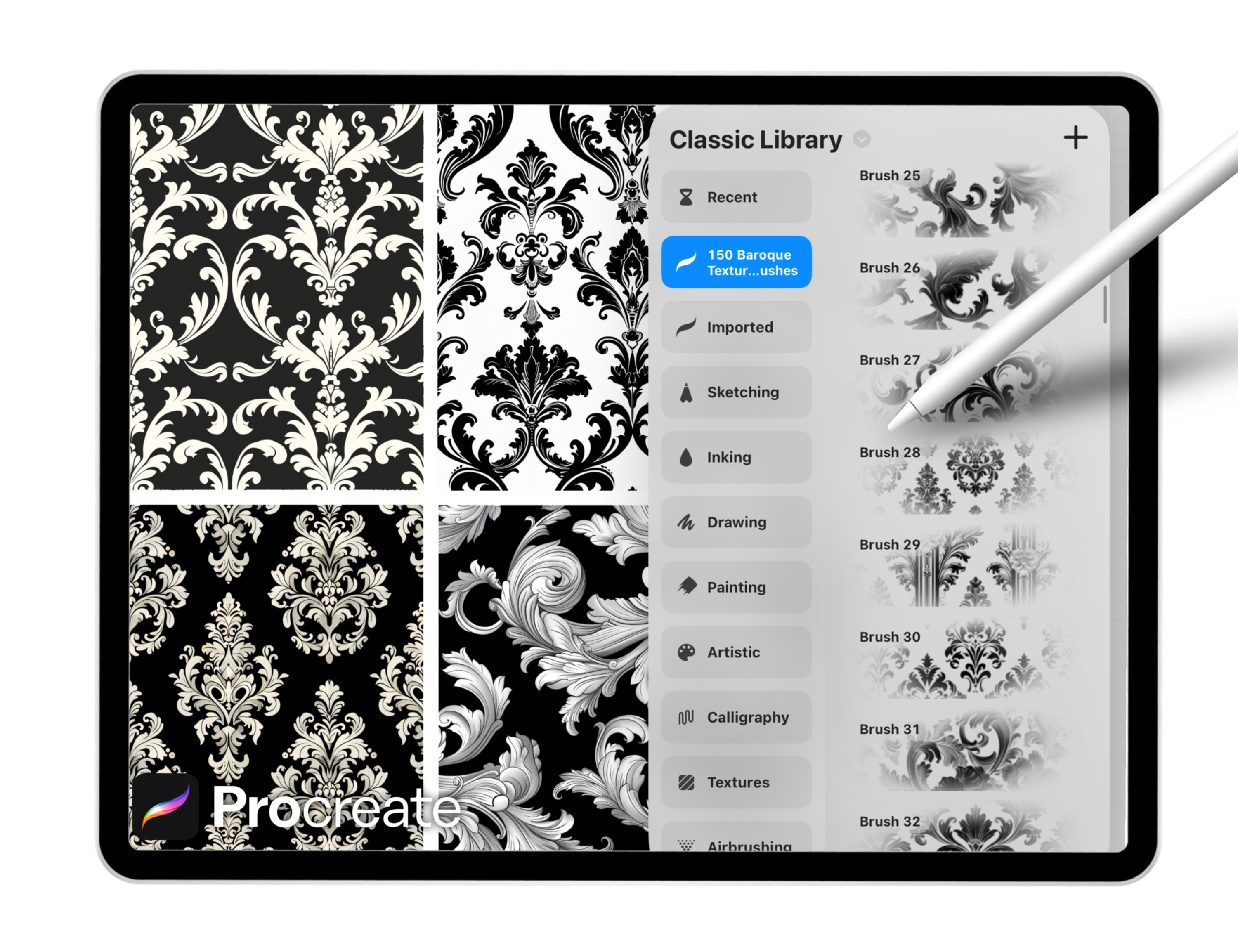 150 Baroque Texture Brushes for Procreate – Ornamental Damask, Vintage ...