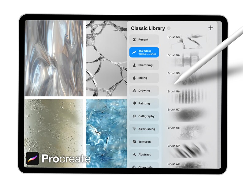 Pode incluir: Um tablet digital exibindo a interface do aplicativo Procreate. A tela mostra uma "Biblioteca Cl&aacute;ssica" com op&ccedil;&otilde;es para pinc&eacute;is, texturas e esbo&ccedil;os. Uma caneta paira sobre a tela. O logotipo do aplicativo &eacute; vis&iacute;vel no canto inferior esquerdo.