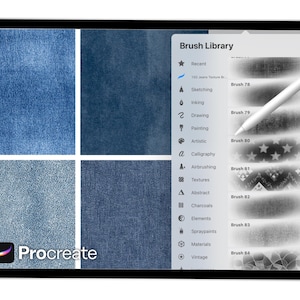 May include: A digital tablet displays a Procreate interface with a brush library and denim texture swatches. A white stylus hovers over the screen, pointing to a brush. The screen shows various brush options, including stars and geometric patterns.