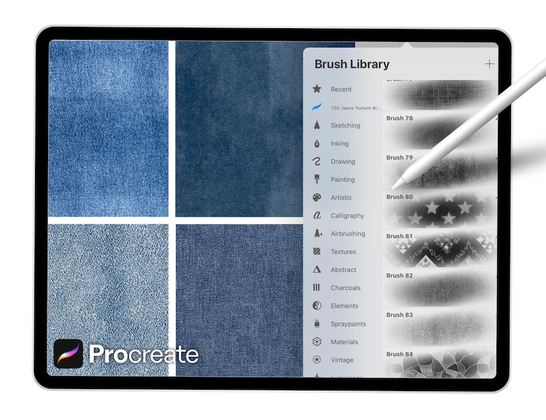 May include: A digital tablet displays a Procreate interface with a brush library and denim texture swatches. A white stylus hovers over the screen, pointing to a brush. The screen shows various brush options, including stars and geometric patterns.