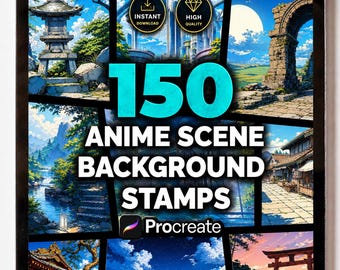 Carimbos de fundo de anime para Procreate, pincéis de paisagem de mangá, cenários e arquitetura japonesa.