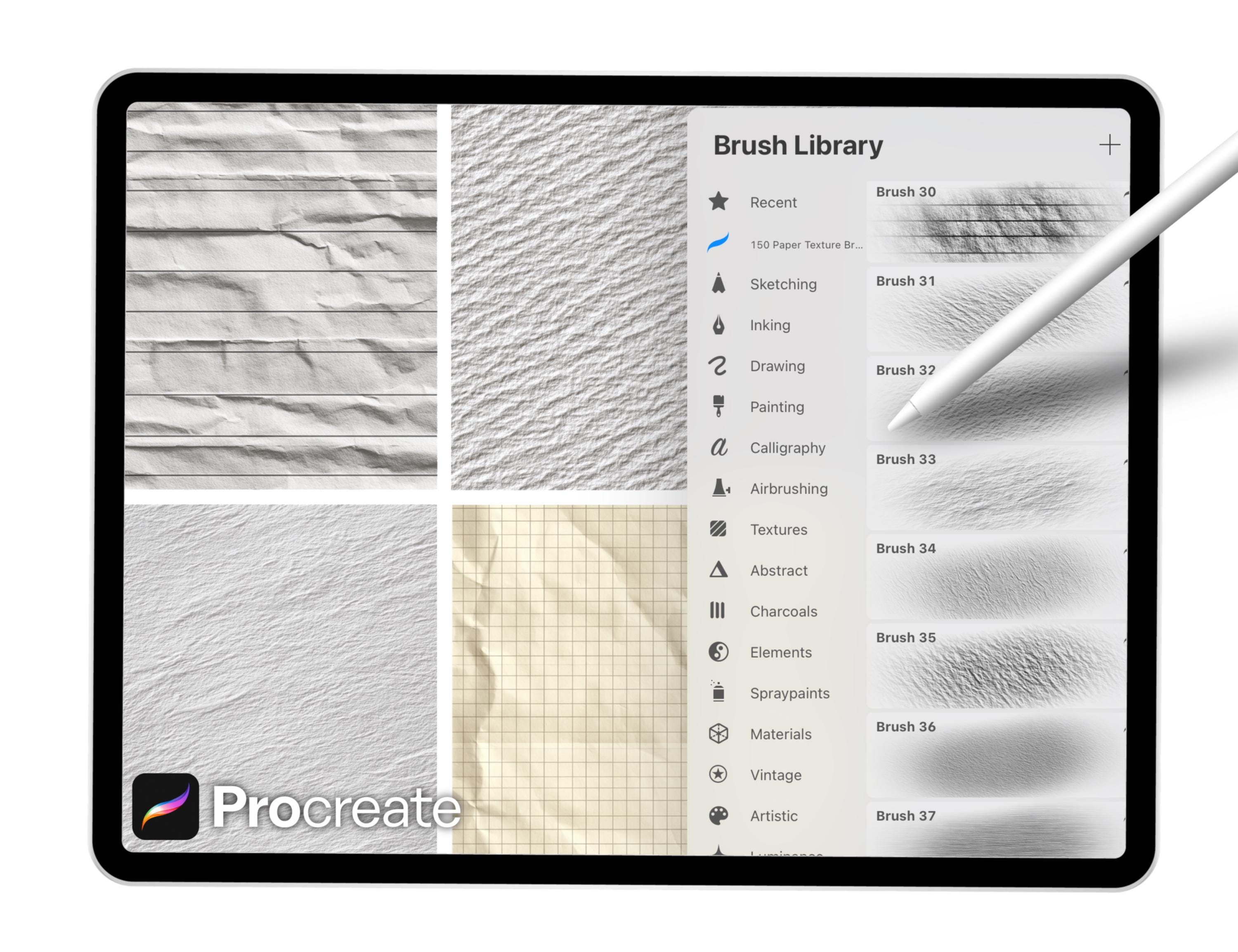 150 Paper Texture Brushes for Procreate | Realistic Crumpled, Grainy ...