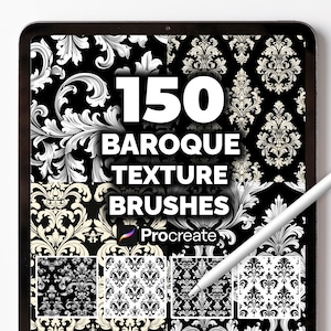 May include: A digital tablet shows 150 Baroque texture brushes for Procreate. The screen displays black and white damask patterns. A white stylus is on the screen, suggesting digital art creation.