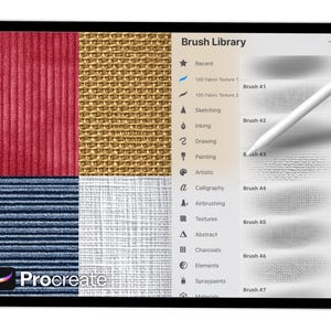 May include: A tablet screen showing the Procreate app's "Brush Library". The interface displays brush categories and fabric textures. A stylus is positioned above the screen. The Procreate logo is in the corner. The screen shows a variety of brush options.
