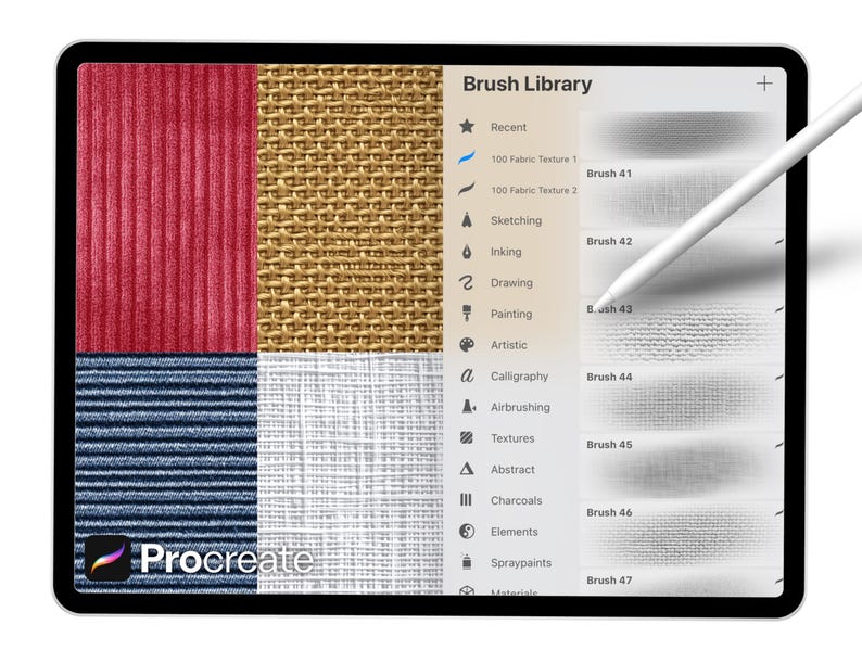 May include: A tablet screen showing the Procreate app's "Brush Library". The interface displays brush categories and fabric textures. A stylus is positioned above the screen. The Procreate logo is in the corner. The screen shows a variety of brush options.