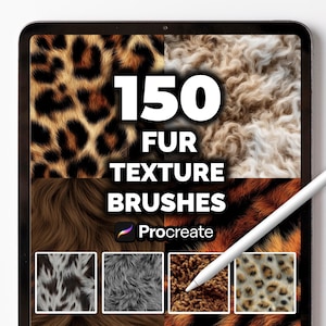 Peut inclure: Une tablette numérique affiche diverses textures de fourrure, dont des motifs léopard, tigre et peau de mouton. Le texte indique "150 FUR TEXTURE BRUSHES" avec le logo Procreate et un stylet. L'image présente des pinceaux d'art numérique.