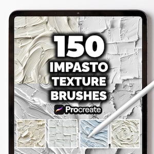 Könnte beinhalten: Ein digitales Tablet zeigt den Text "150 Impasto Texture Brushes" mit dem Procreate-Logo. Der Bildschirm zeigt Beispiele für strukturierte Pinselstriche in Weiß und Blau. Ein weißer Stift liegt auf dem Bildschirm.