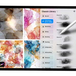 Op de afbeelding: Een digitale tablet met de interface van de Procreate-app. Het scherm toont kleurrijke abstracte kunst en een menu met penseelopties. Een witte stylus zweeft boven het scherm, wat duidt op digitale kunstcreatie. Het logo van de app is zichtbaar.