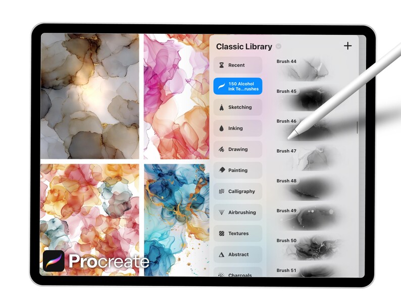 Op de afbeelding: Een digitale tablet met de interface van de Procreate-app. Het scherm toont kleurrijke abstracte kunst en een menu met penseelopties. Een witte stylus zweeft boven het scherm, wat duidt op digitale kunstcreatie. Het logo van de app is zichtbaar.