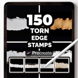Può includere: Un design di arte digitale su uno schermo di tablet, con il testo "150 TORN EDGE STAMPS" in bianco. Il design include bordi di carta strappati in bianco, nero e oro. Una penna bianca è appoggiata sullo schermo, con il logo Procreate visibile.
