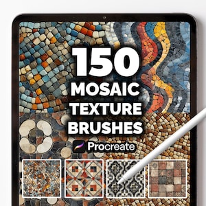 以下が含まれることがあります： デジタルタブレットには、さまざまなモザイクテクスチャが表示されています。画面には白い文字で「150 MOSAIC TEXTURE BRUSHES」と表示されています。Procreateのロゴが見えます。スタイラスが画面上に配置されています。