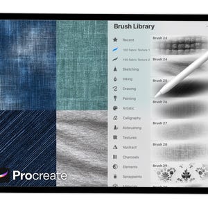 May include: A digital tablet showing the Procreate app. The screen displays fabric textures in blue, teal, and grey, and a brush library with artistic tools. A white stylus is positioned over the screen, suggesting digital art creation.